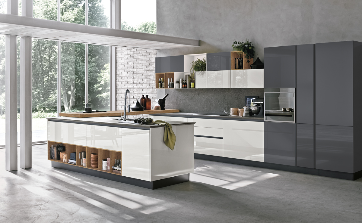 Composizione cucina moderna SMART anta liscia lino e bianco - Top portland  Grigio #design ekocucine.it