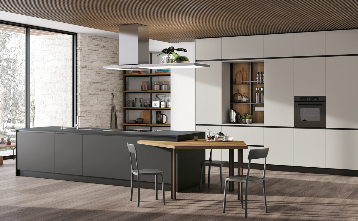 Composizione cucina moderna SMART anta liscia lino e bianco - Top portland  Grigio #design ekocucine.it